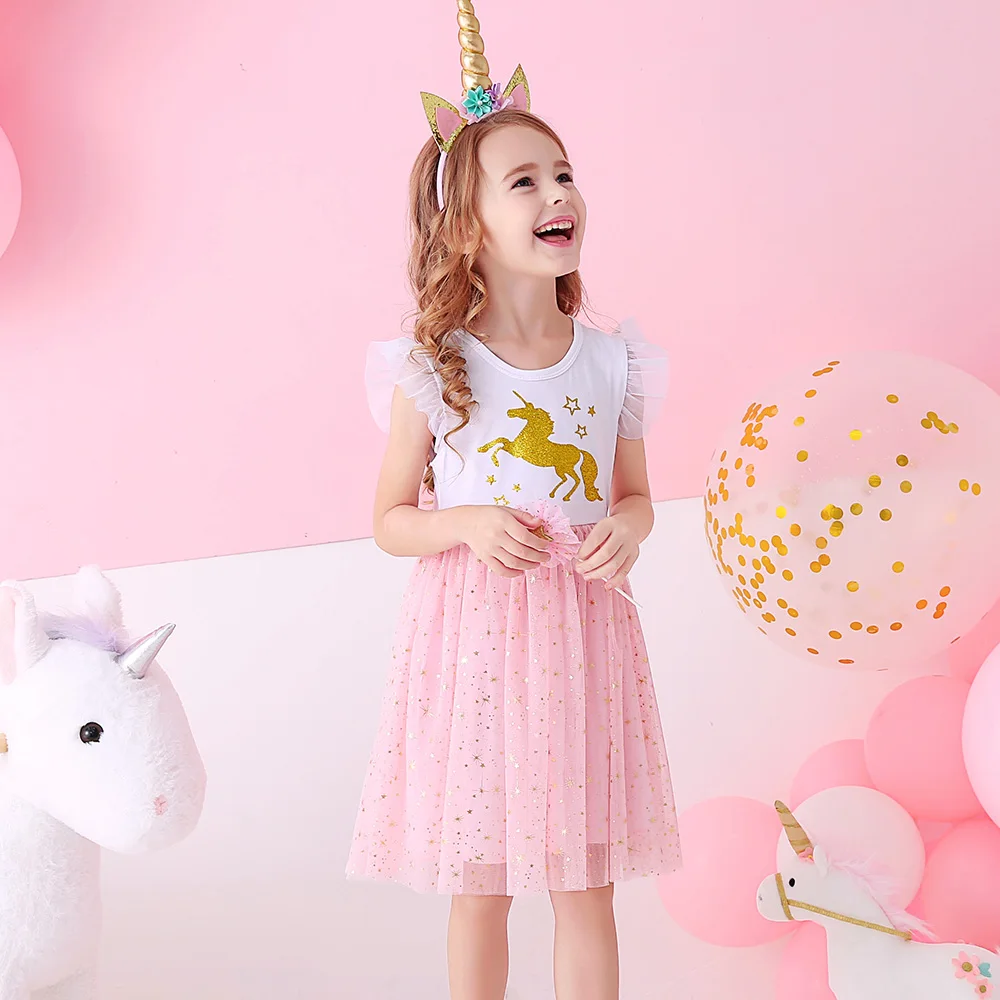 VIKITA Mädchen Licorne Print Kleid Mädchen Flare Hülse Sommer Kleider Kinder Geburtstag Party Patchwork Prinzessin Elegante Süße Kleider – Detail 4