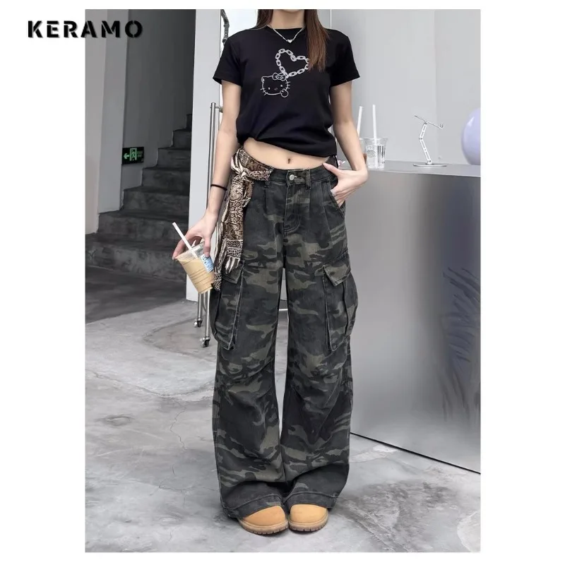 

High Street Casual Camouflage Print Jeans Loose Wide Leg Denim Trouser American Retro 2000's Oversized Y2k Women's Cargo Pants
