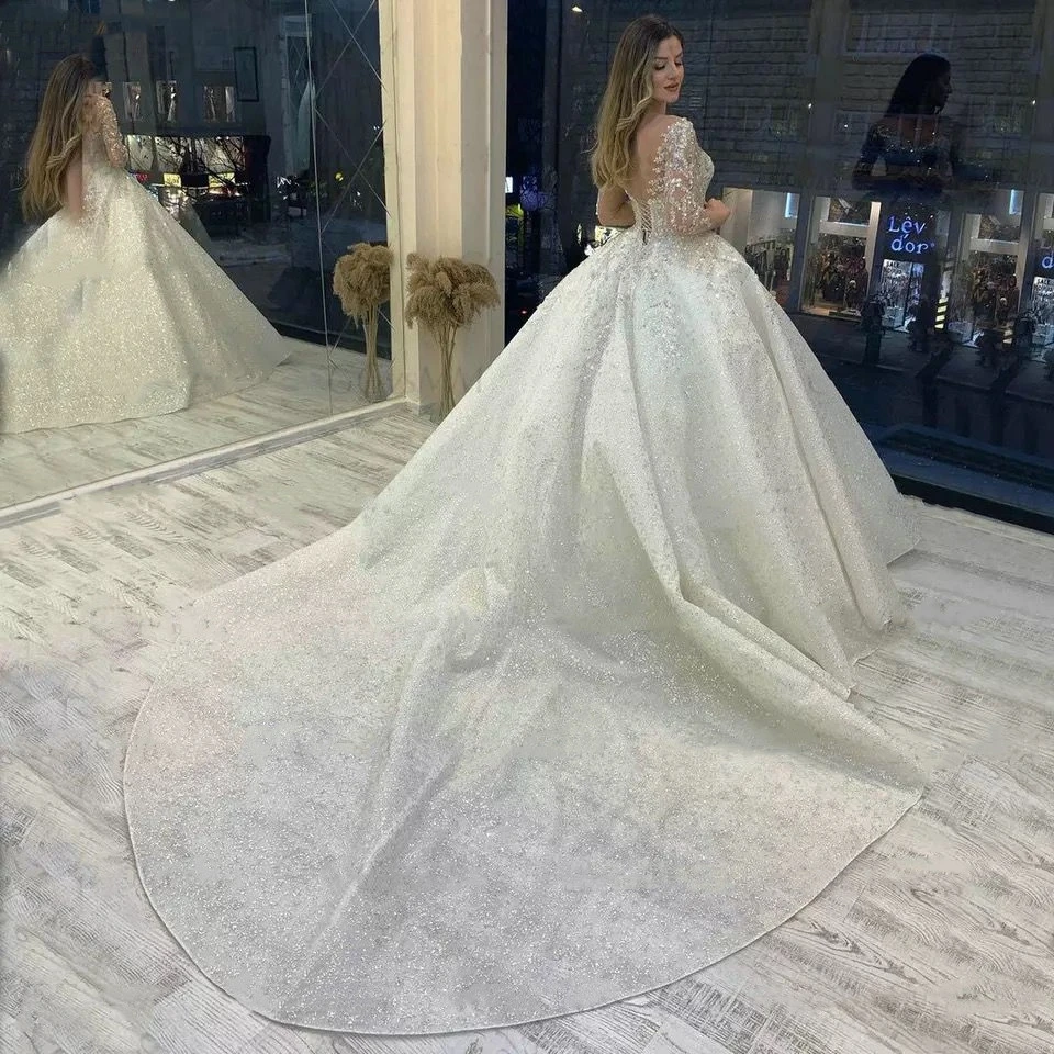 Exquisite Sparkly Sequined Beaded Wedding Dresses 2026 Elegant Princess Lace Ball Gown Long Sleeves Bride Gowns Vestido De Noiva