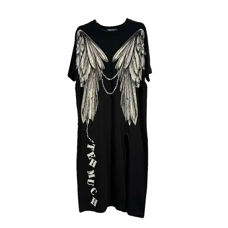 Fashion Brand Wings Rhinestone T-shirt Dress Women 2024 Summer New Hot Drilling Round Neck Short Sleeve Slit Black Long Dresses