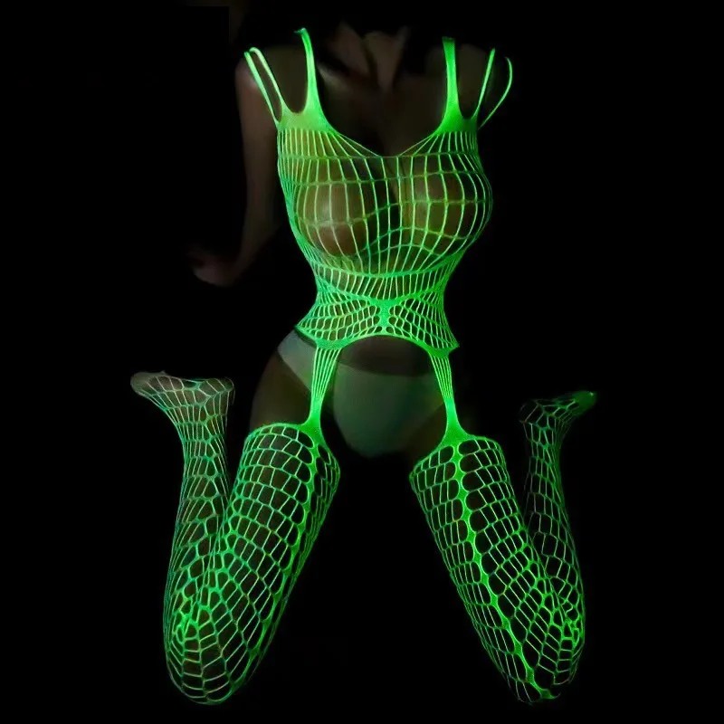 Fantasias Sexy Erotic Glowing Hollow Out Mesh Fishnet Bodysuit Bodystockings Hot Pole Dacne Clubwear Luminous Babydoll Dress