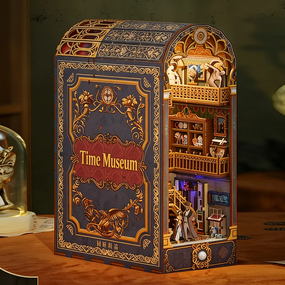 DIY Book Nook Kit Miniature Doll Wooden Bookend With LED Light, 3D Puzzle Model Building Home Decor Gift-Time Travel Museum