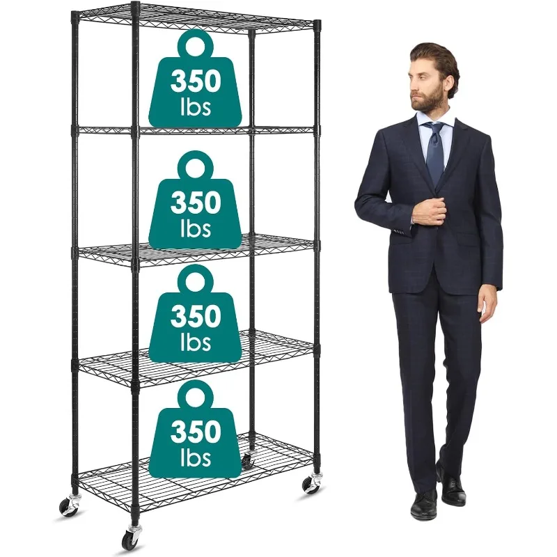 5 Tier Shelf Shelving Unit with Wheels,Adjustable Metal Shelves for Storage, NSF Certified Wire Shelving Rack