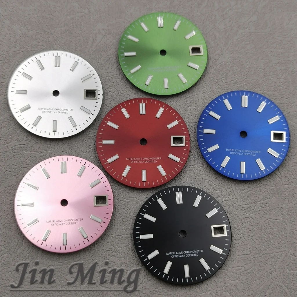 High Quality 28.5mm Silver Red Black Blue Green Date Window Green Luminous Aseptic Dial Fit NH35 /NH36/4R/7S Automatic Movement