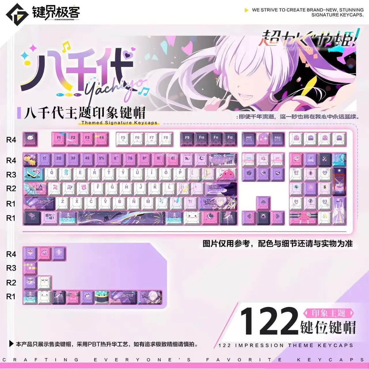 

Yachiyo Tsukim Keycaps 122 Keys るなみ ヤチヨ PBT Dye-Sub Backlit Keycaps Anime Cartoon Key Caps for ANSI Made68 Mad68 Wooting60