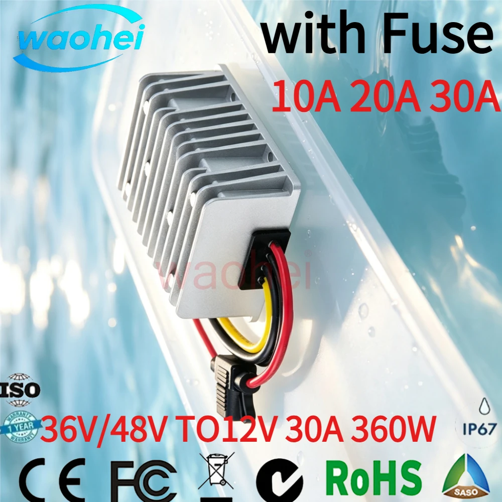 36V 48V to 12V 10A 20A 30A DC Step Down Converter Voltage Reducer Buck Regulator DC Golf Cart with Fuse CE RoHS Waterproof