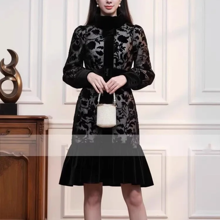 Winter new women's lace embroidery flower black jacket stand collar lantern sleeve fish tail ruffle velvet down jacket long coat