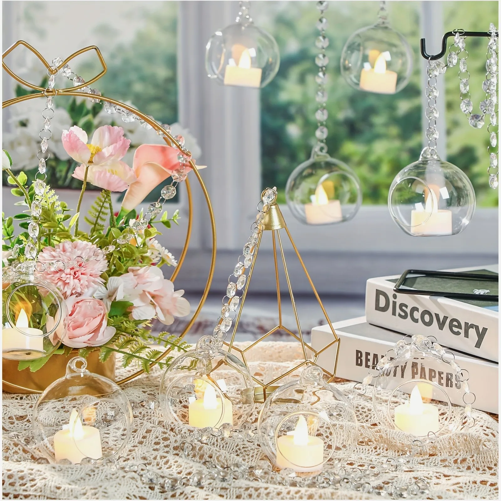 17pcs Clear K9 Crystal Glass Tealight Holders – Hanging Globe & Garland Strand for Wedding, Party, Holiday Tree Decor – Lightwei