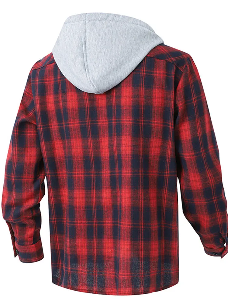 Men's Autumn Sports Hooded Plaid Long-Sleeved Shirt American British Style Relaxed Breathable High-Quality Men's Plus-Size Shirt