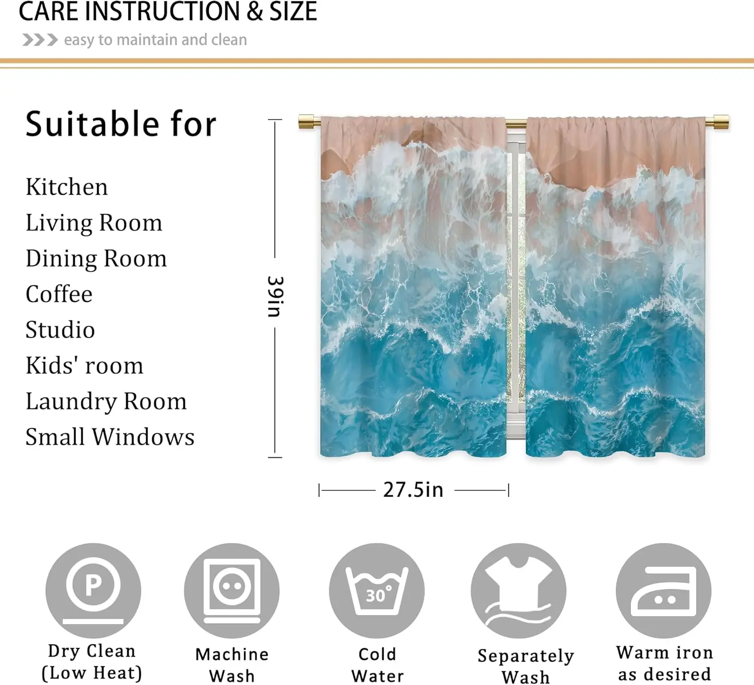Blue Ocean Wave Bathroom Curtains Window Treatment Drapes Tier Sea Coastal Beach Sea Cafe Tripical Seascape Summer Nautical