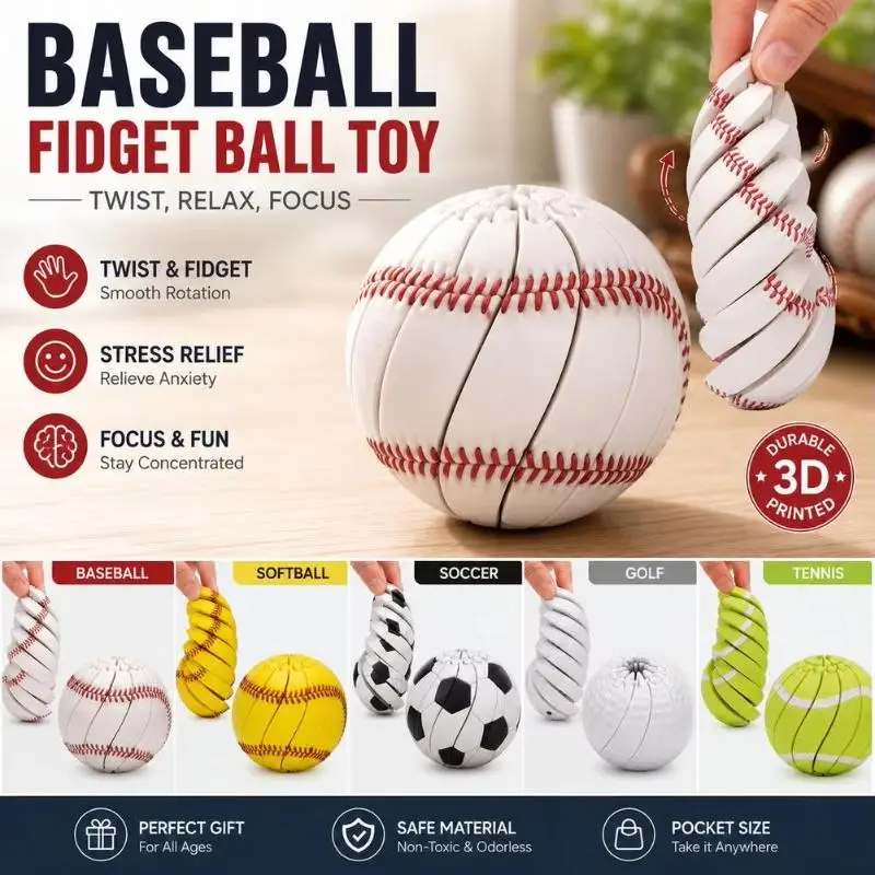1Pc 3D Printed Baseball Football Fidget Ball Portable Sensory Stress Relief Toy Desktop Ornament For Teens Adults