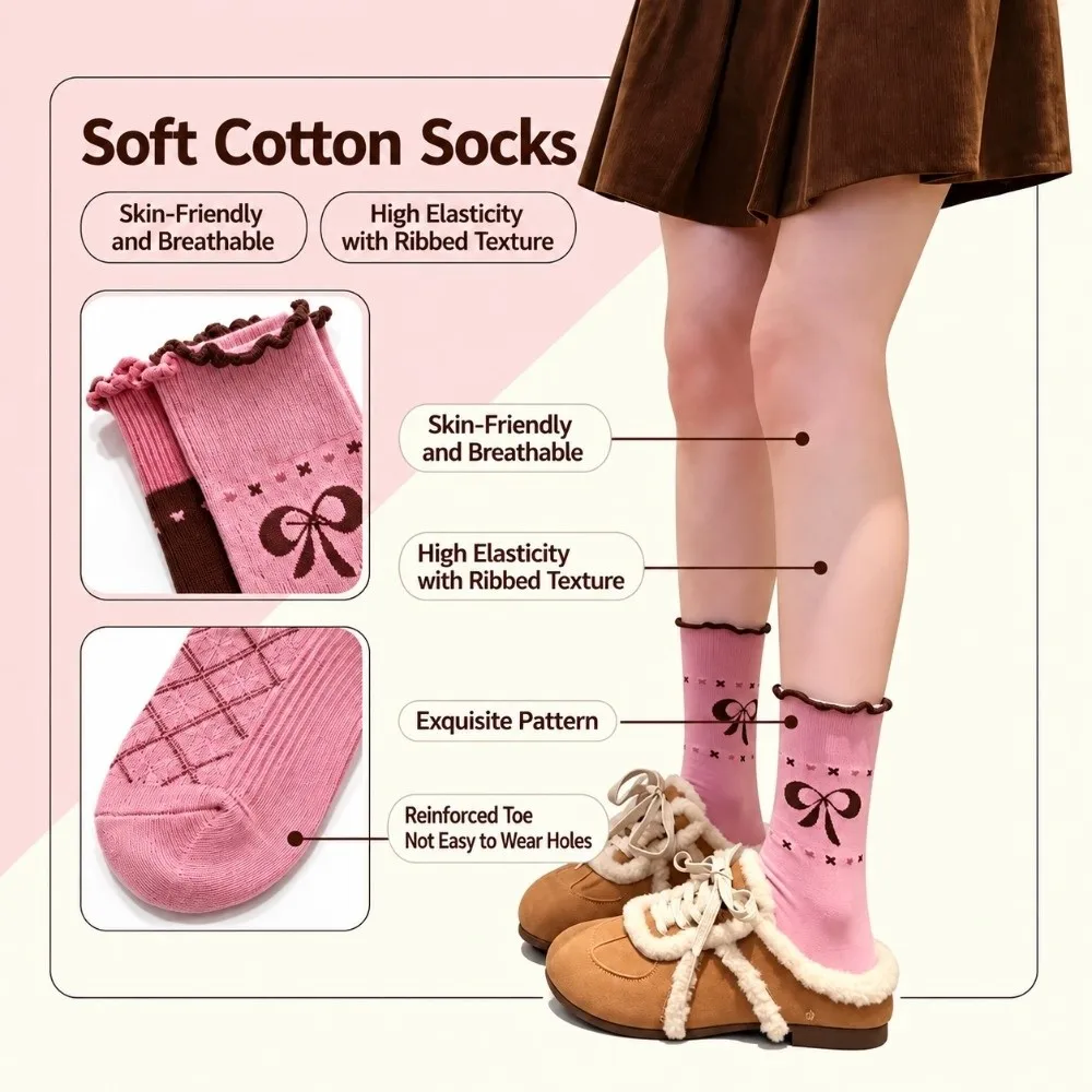 Odor-Resistan Bow Printed Mid-Calf Socks Autumn Winter Plaid Design Stripe Long Socks Stacked Style Japanese Style