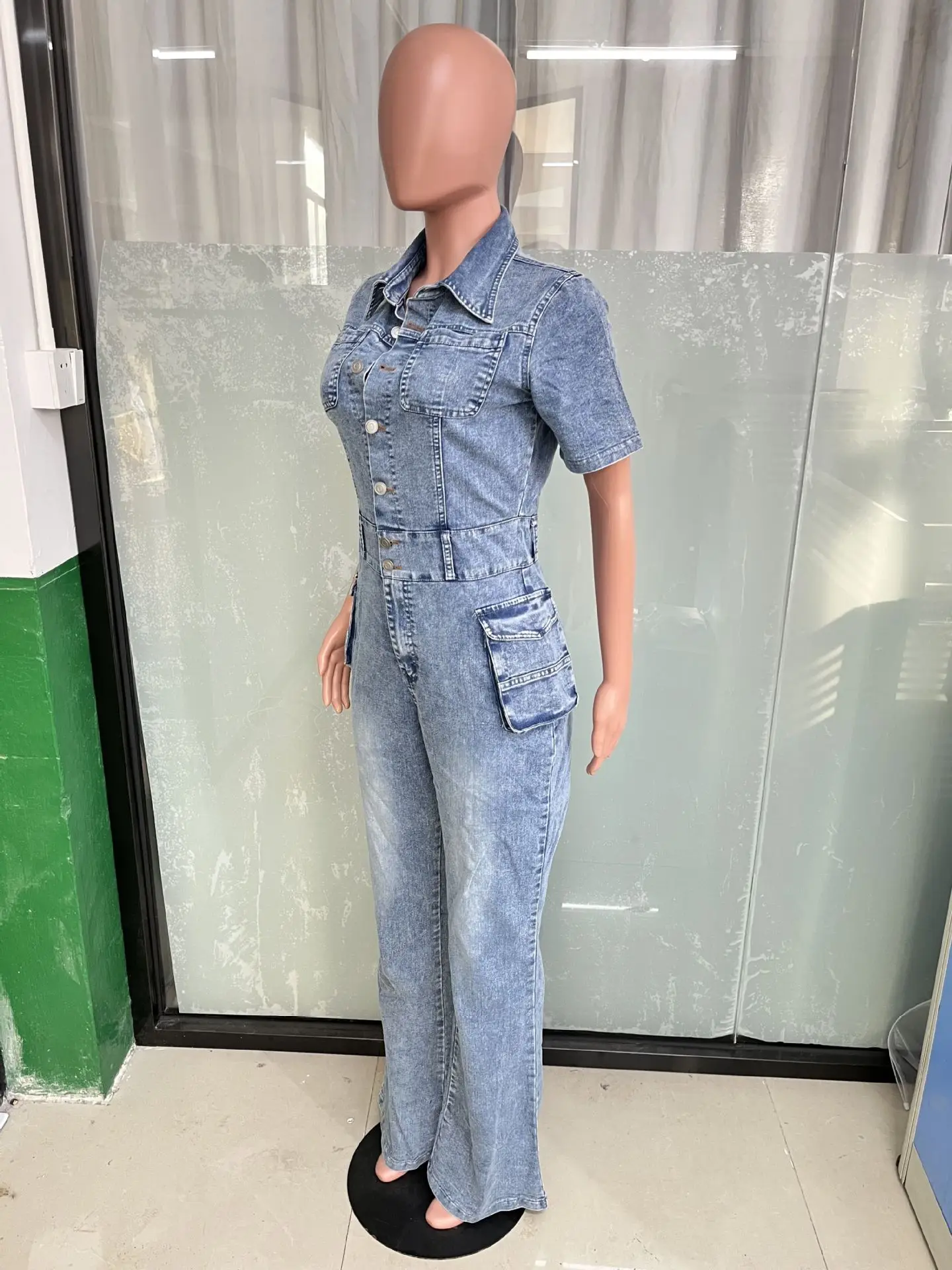 Barboteuse en Denim ร Manches Courtes pour Femme, Pantalon Confortable et ร la Mode, Couleur Unie, Nouvelle Collection รtรฉ 2024