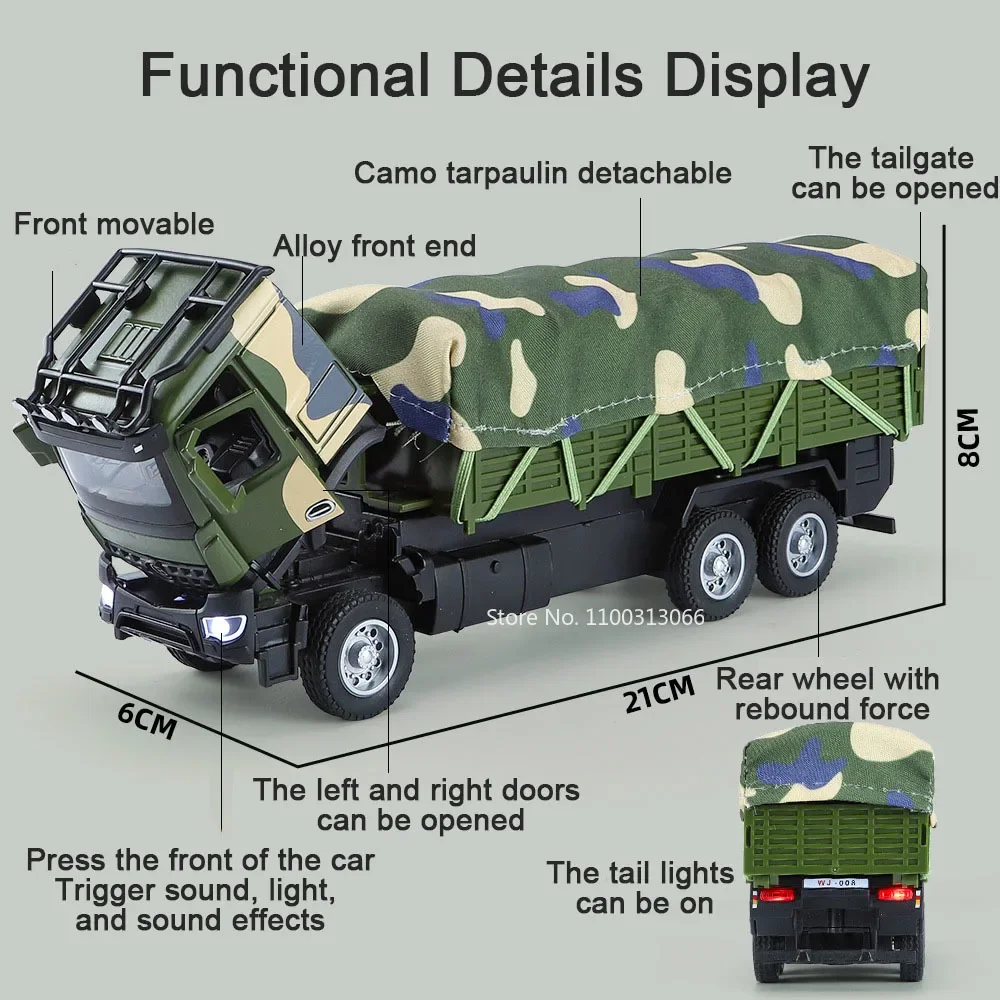 1:35 Miniature Model Toy Military Transport Vehicles Metal Diecast Pull Back Sound Light Doors Opened Simulation Trucks Presents