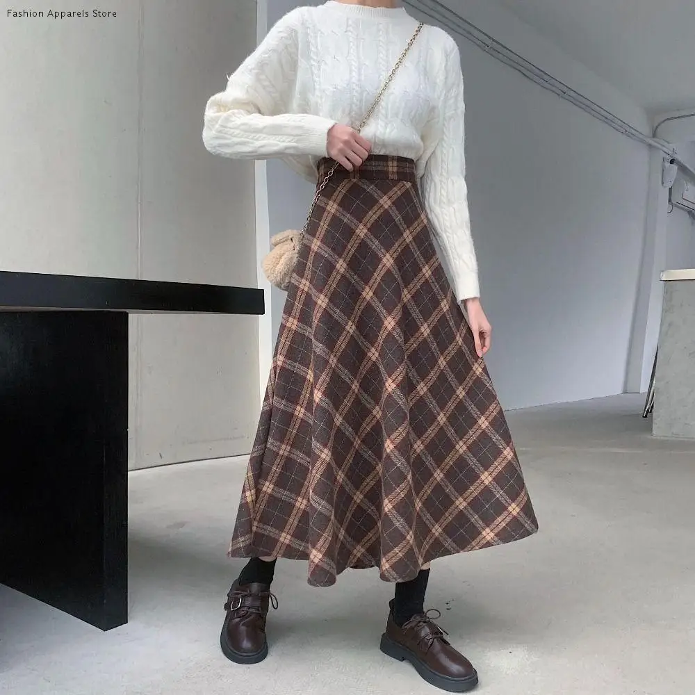 

Elegant High Waist Retro Plaid Skirt Winter Autumu Classical High Waist Long Skirt Aesthetic Preppy Style A-line Half Dress Club