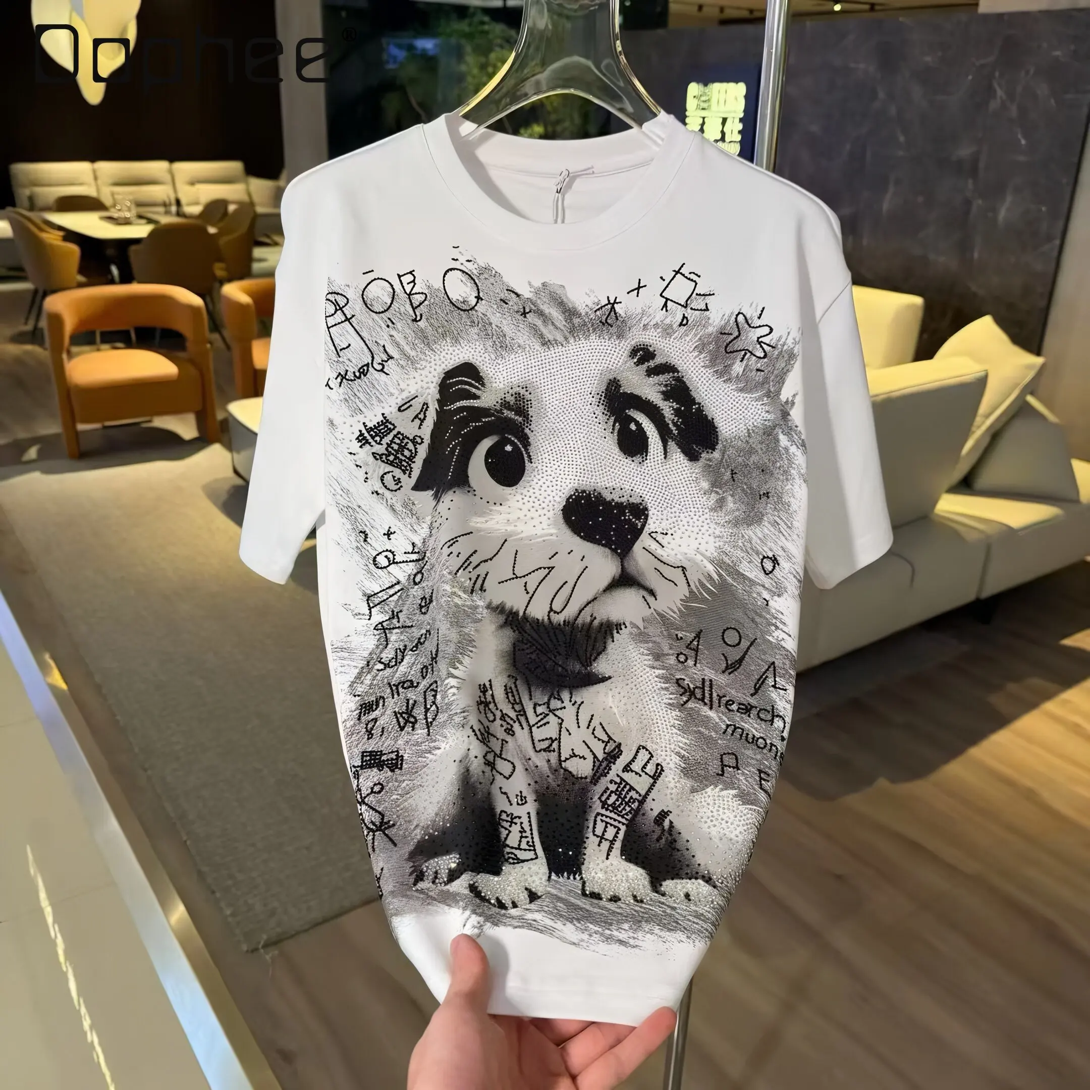 

Summer Men's Fashion Graffiti Puppy Rhinestone Loose Casual White Black Red Pink Purple Green Round Neck Short Sleeve T-Shirt