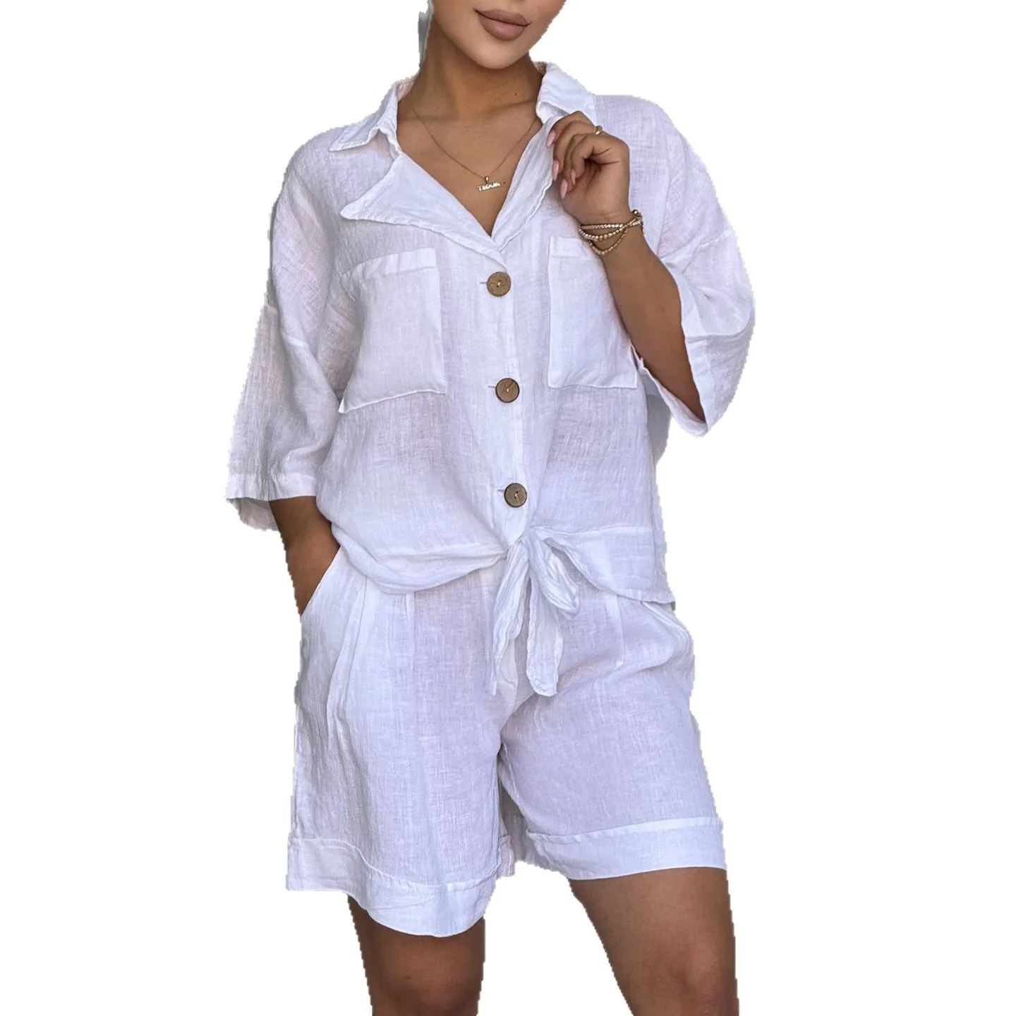 2026 Autumn New Foreign Trade Women's Short-sleeved Shirt Loose Pants Two-piece Set Cw31364