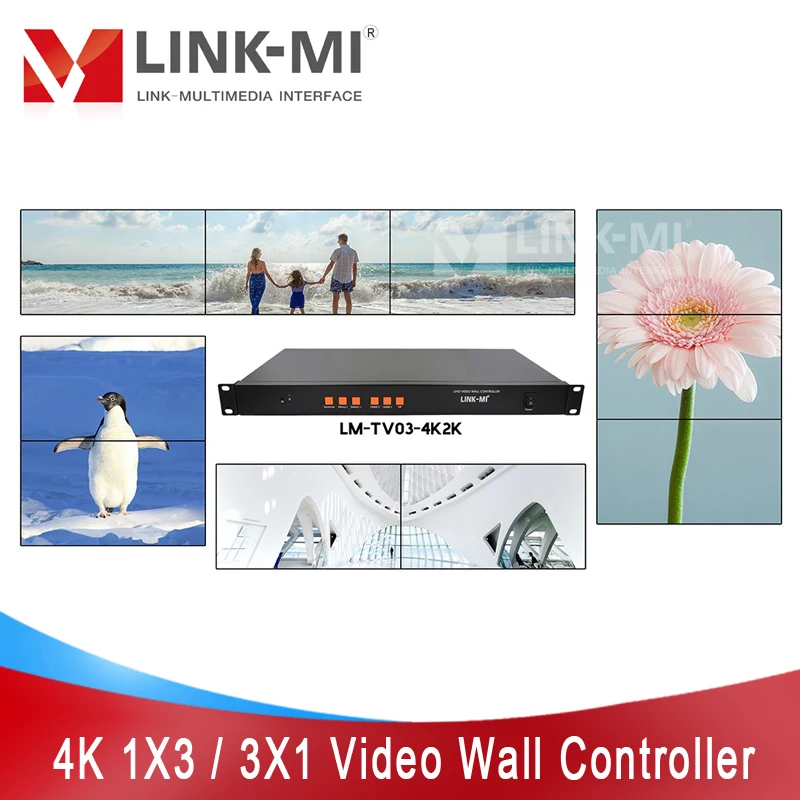 

LINK-MI 4K@60Hz 1x3 3x1 Video Wall Controller 1x2 2x1 multiple display modes HDMI/DP/Mobile signal 3 Channels TV Wall Processor