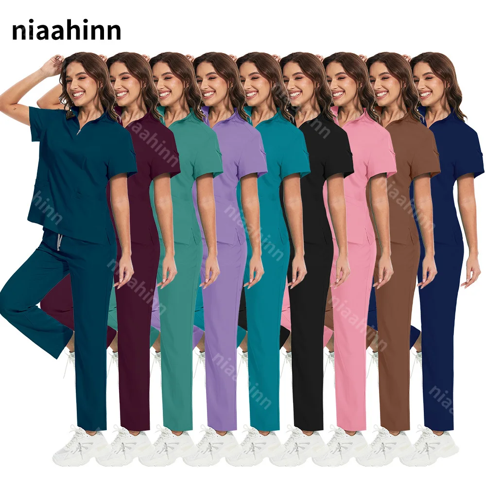 

New Scrubs Set Medical Uniforms Stretch Scrub Tops with Pocket Pants Nurse Uniform Doctor Surgery Overalls Beauty Salon Workwear