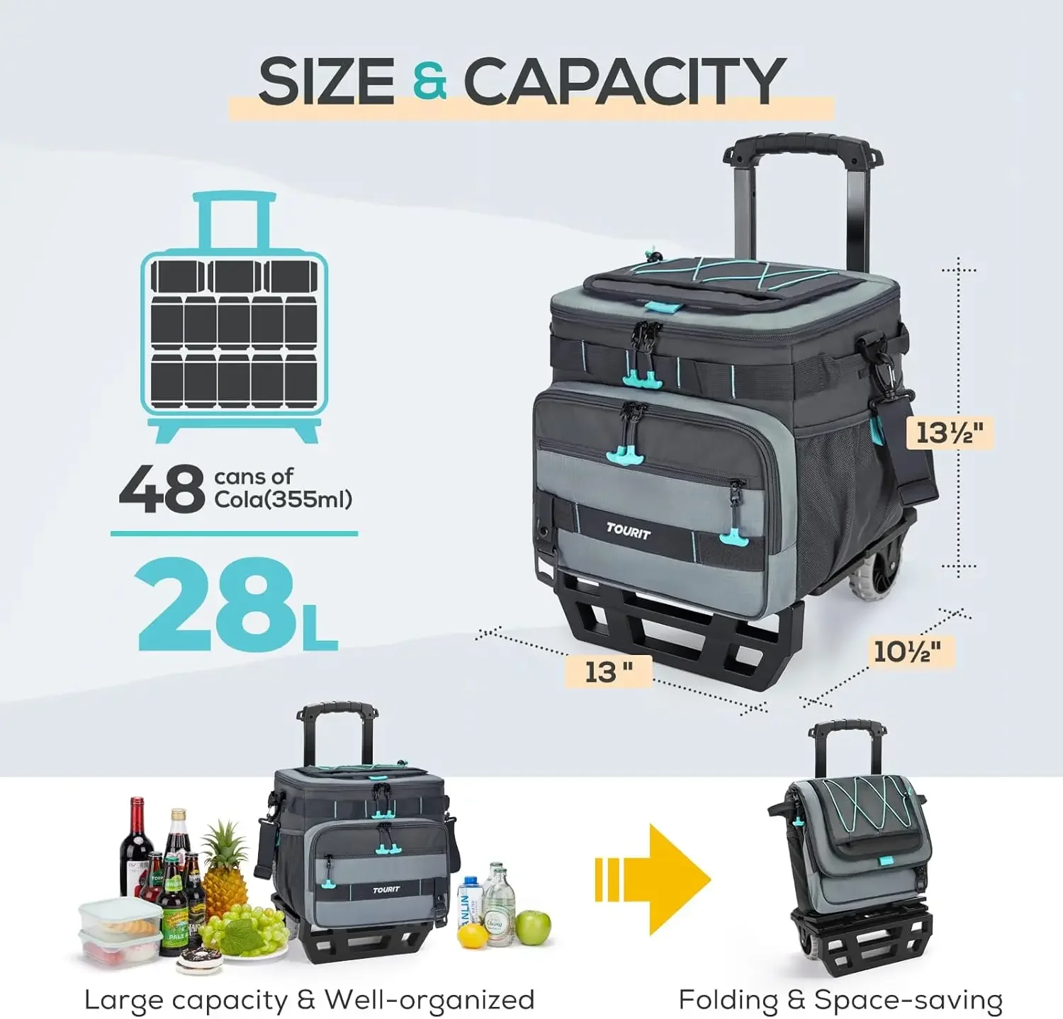 Collapsible 48-Can Leak-Proof Insulated Rolling Cooler with All-Terrain Cart, Upgraded Fixtures and New Wheels Suitable for Beac