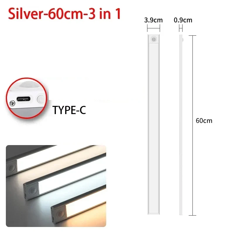10-60CM Ultradunne LED-onderkastverlichting Magnetisch oplaadbaar bewegingssensorlicht Geschikt voor keukens Kasten Workshops
