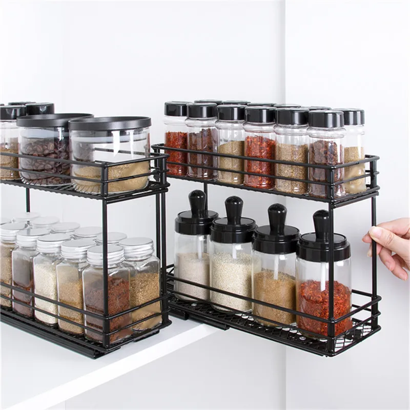 

2-Layer Drawer Storage Rack Sliding Spice Rack for Inside Cupboard Pull Out Kitchen Organizer Storage Shelf