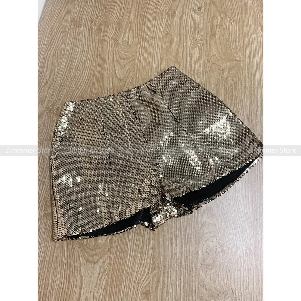 Heavy work sequin shorts female 2023 spring new temperament high-waisted thin Yanqi fashion bright flash wide-leg trousers