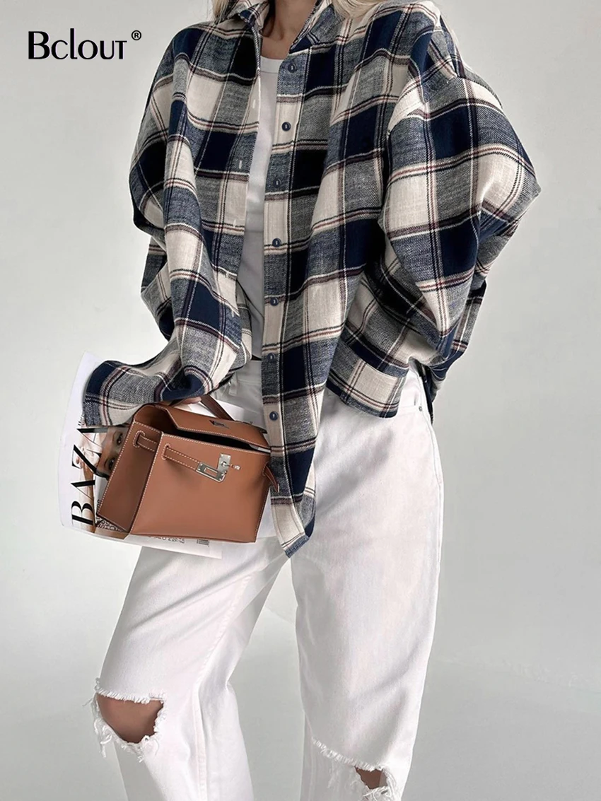 Bclout-Chemisiers à carreaux en coton vintage pour femmes, chemises de bureau à manches longues, streetwear à la mode, haut d\'hiver, 2024