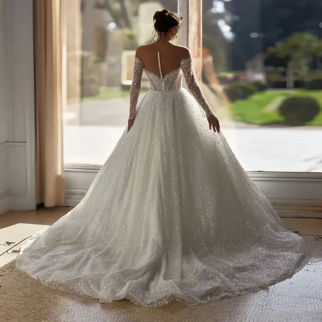 2026 Свадебное платье с бусинами и блестками, с прозрачным вырезом и длинными рукавами, жемчугом, свадебное платье трапециевидной формы, модный халат De Mariage для невесты