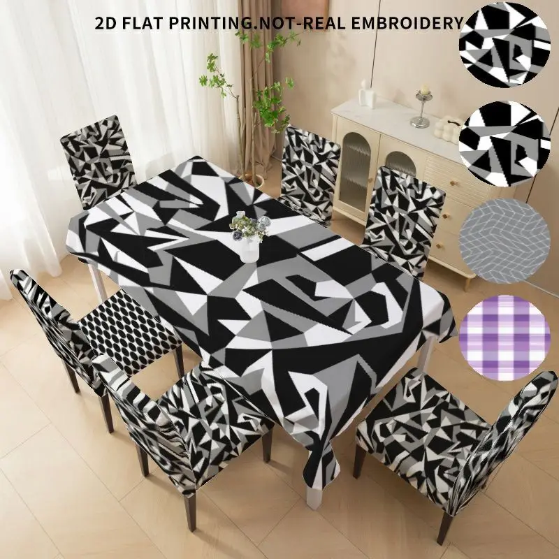 

Elastic high-back dining chair cover 2D flat geometric lattice polka dot black and white pattern