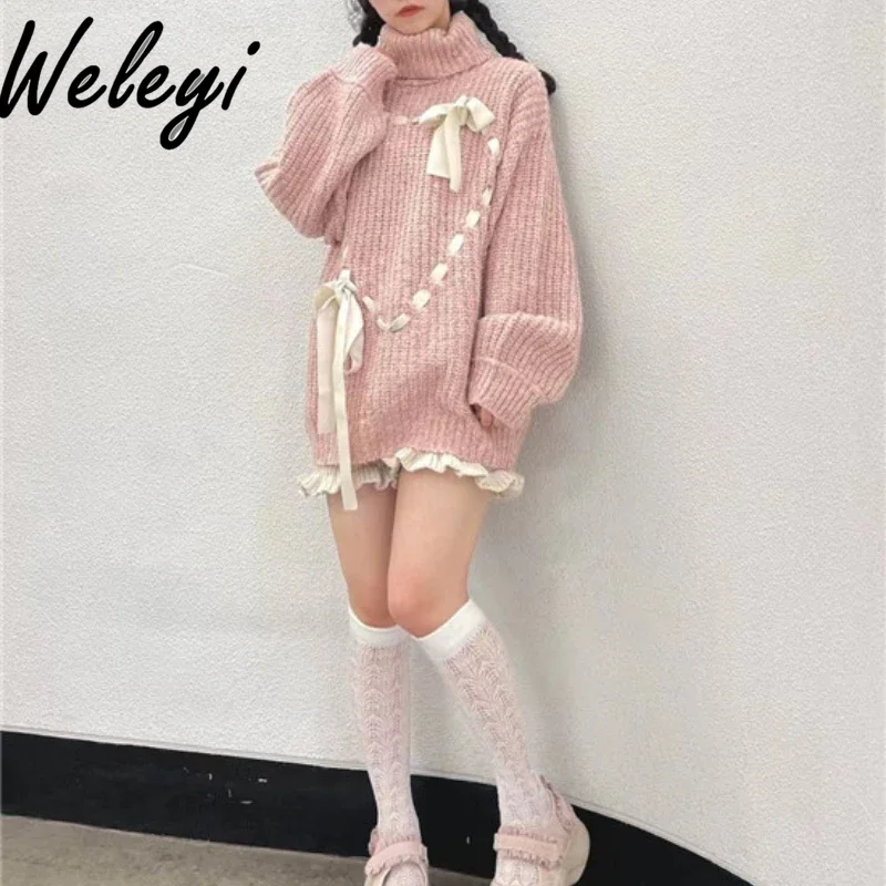 Japanese Girl Harajuku Love Bandage Sweater 2024 Fall New Sweet Long Sleeve Bow Knitwear Woman Retro Knitted Sweaters 3 Colors