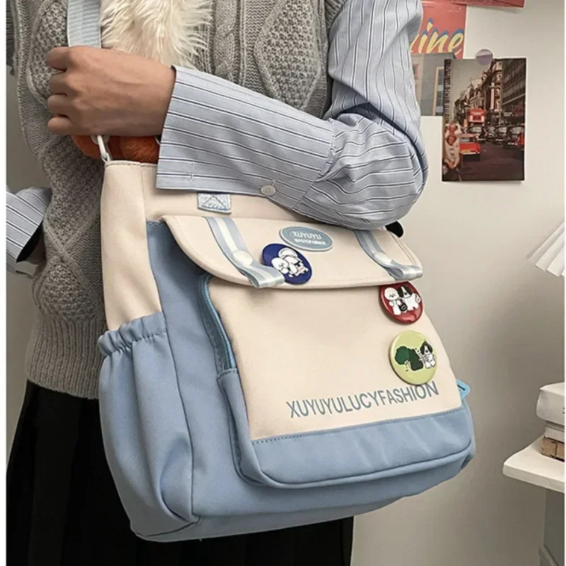 Japanese Ins Contrast Color Students Tote Bag Large-capacity Canvas Messenger Bag Junior High School Students Class Bag Female