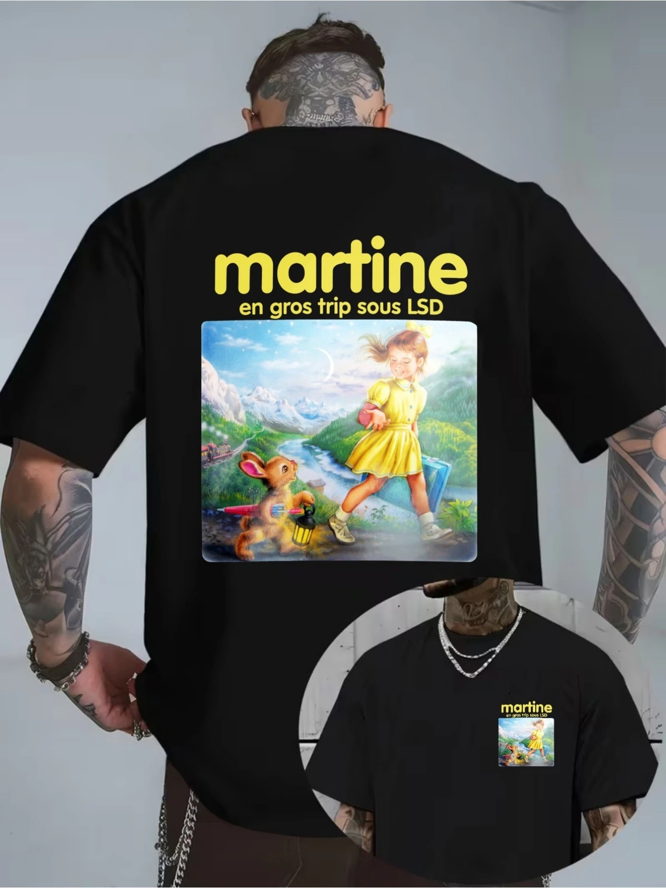 Men's printed T-shirt  Micro elastic fabric retro casual style Martina travels LSD with girls and rabbits in a fantasy landscape