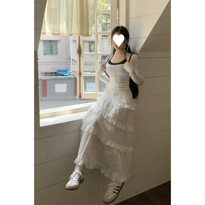 حجم كبير حجم كبير المرأة الدانتيل الأبيض الجوف خارج الربط عالية الخصر نصف تنورة كعكة تنورة الصيف خرافة نمط Fashionab...