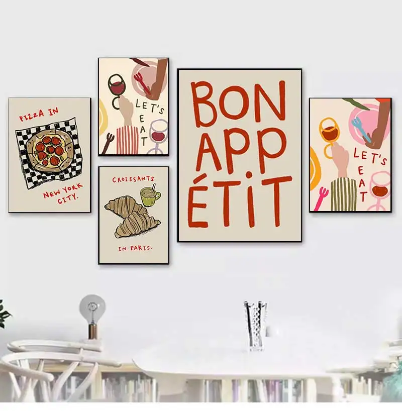Retro cozinhar bon appetit citações cartazes paris croissants pizza impressões pintura em tela cozinha loja arte da parede fotos decoração do quarto