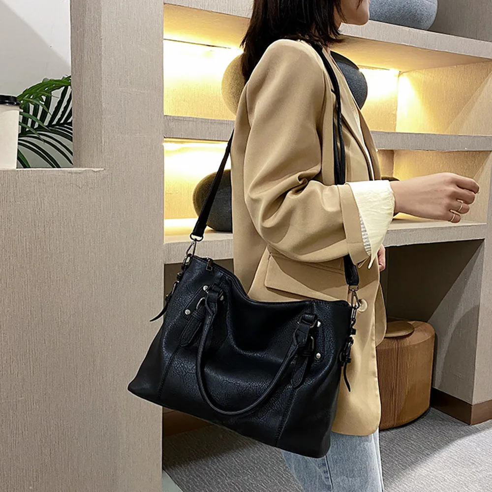 Large Capacity Tote Bag Retro Designer Women Handbags Soft Pu Leather Multi-pocket Casual Ladies Shoulder Crossbody Bag