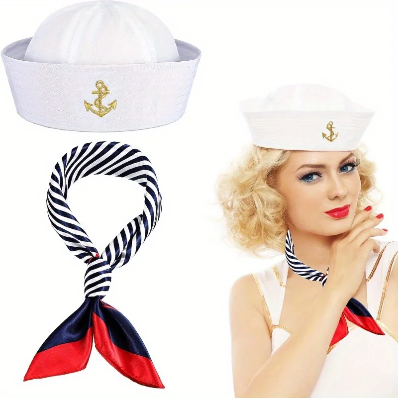 Sailor Hat with Scarf Boat Captains Hat for Women Halloween Dressing up Party Costume Accessories for Men Adults Cosplay