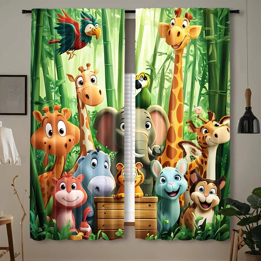 Cute Jungle Animal Cartoon Curtains for Kids Nursery Safari Window Decor Baby Room Drapes Shower Curtain