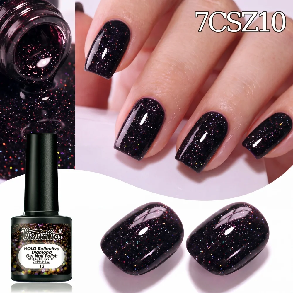 Visuatia Iridescent Diamond Nail Gel Polish, black base with holographic reflective shine effect, high-end and textured color tone, suitable for home DIY and salon use to create a cool and unique nail art atmosphere