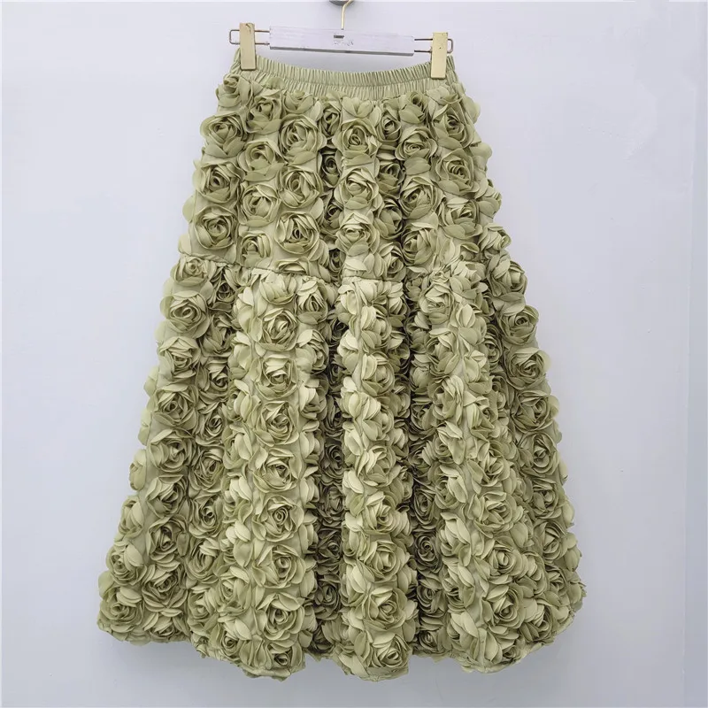 Damen Ästhetischer Märchenhafter 3D-Rosen-Blumen-Midirock Elastischer Hochtaillierter A-Linien-Schwingrock Langer Rock Romantischer Party-Freizeit-Maxirock – Detail 13