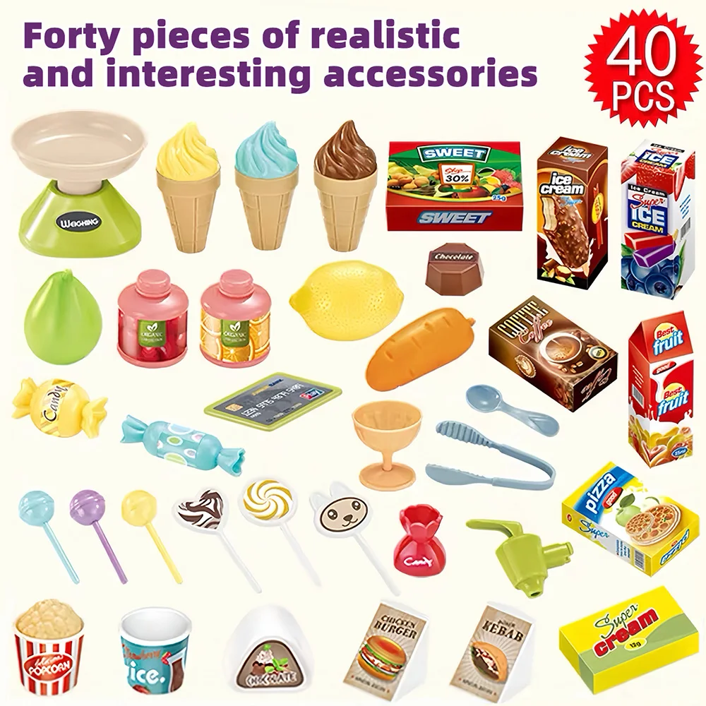 لعبة عربة التسوق في السوبر ماركت للأطفال مع عربة ومجموعة طعام 40 قطعة مجموعة لعب الحلوى المحاكاة هدية للفتيات والأولاد