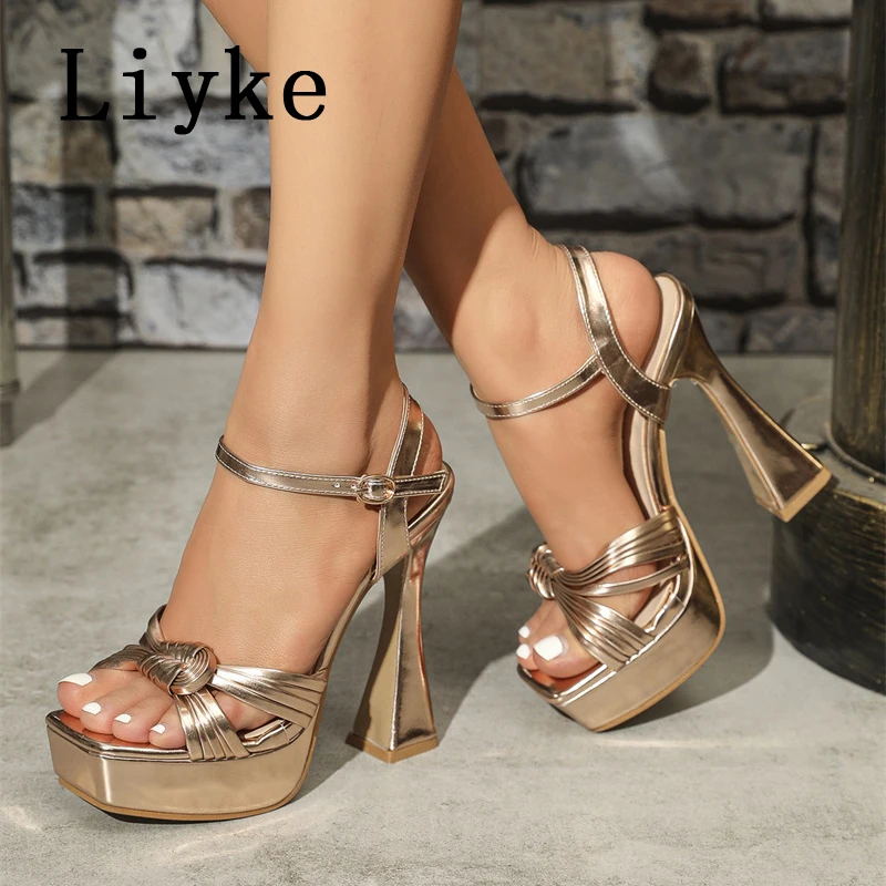 Liyke Summer Strang Super High Heels Sexy Sandals Women Cozy Leather Narrow Band Open Toe Chunky Platform Shoes Sandalias Mujer