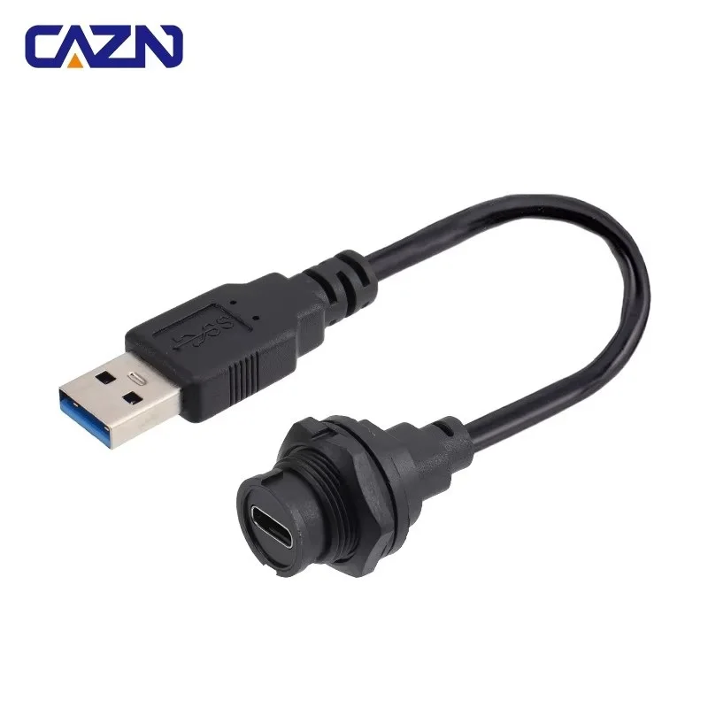 CAZN Waterproof IP67 IP68 Type C Female Rear Mount Receptacle to USB Male Overmolded Cable Bayonet-type Type-C 3.0 5GB