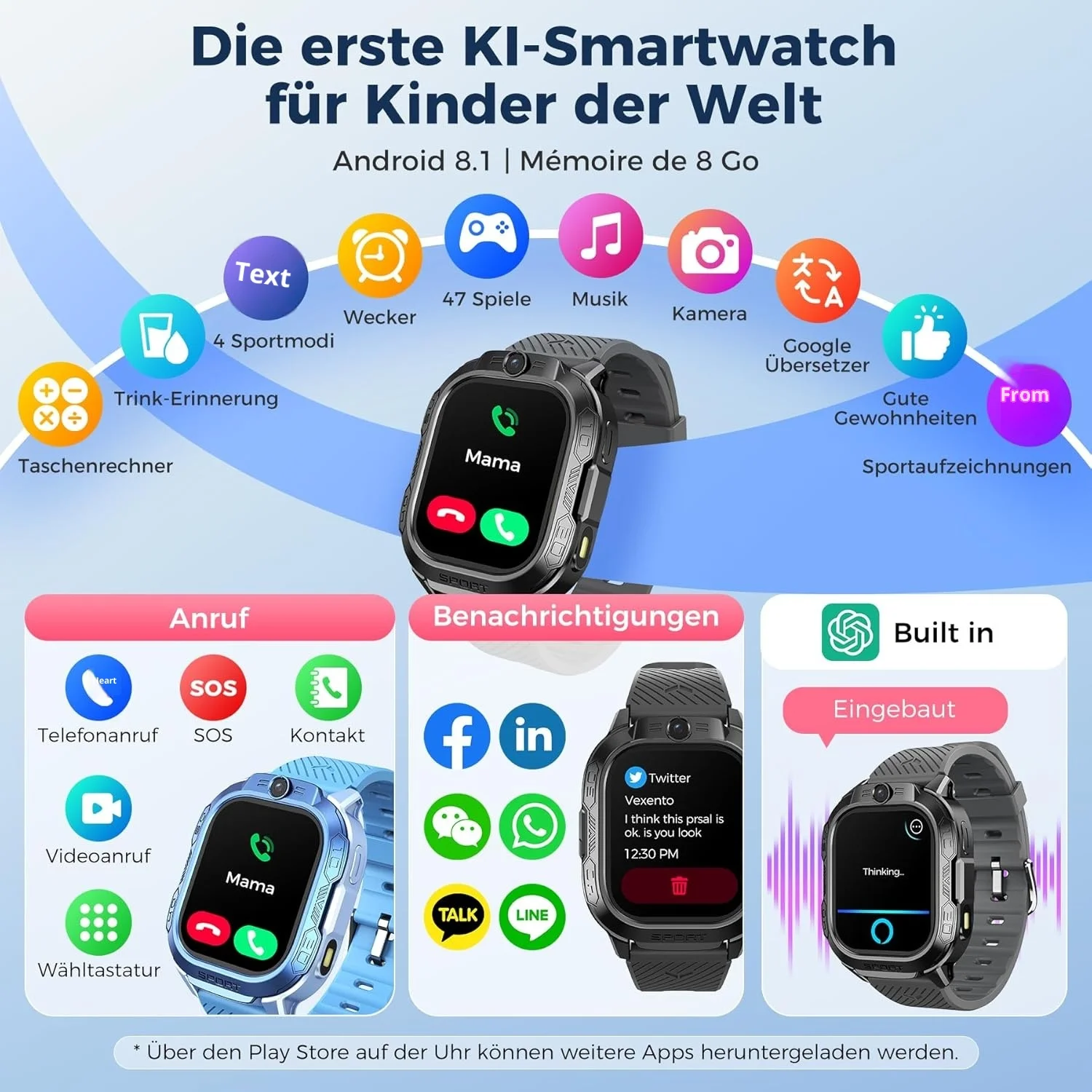 OIKKEI Children's Square Smartwatch GPS AI Video Calls Voice Chat SMS WiFi 47 Games 4 Sports Modes Activity Tracker Silicone
