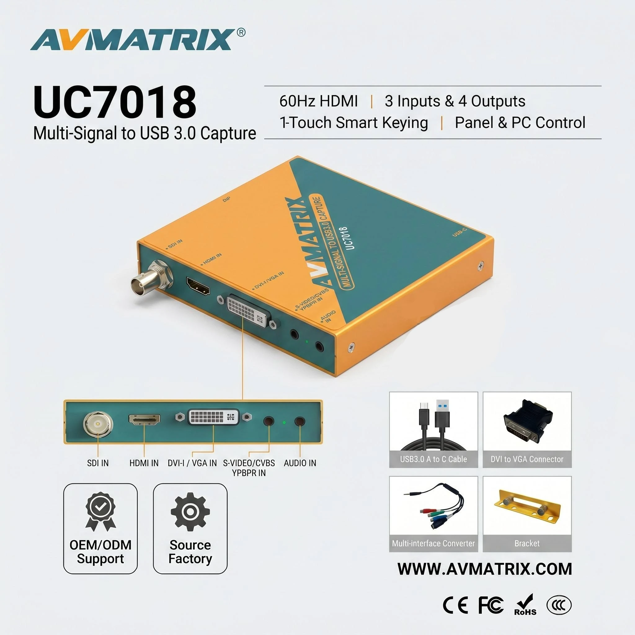 AVMATRIX UC7018 Multi-Signal to USB 3.0 Capture Box SDI HDMI DVI VGA CVBS S-Video 1080p60 for Live Streaming & OBS