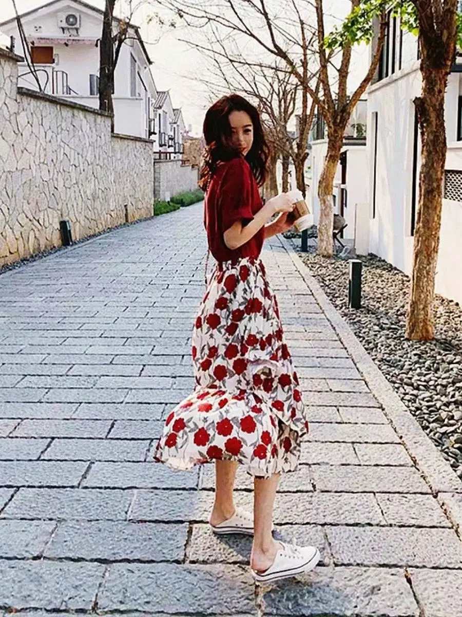 

Floral Print Dress Set Women's Spring Summer High Waist Loose Fit Casual Korean Style Brand Tag Clip Design Short Sleeve