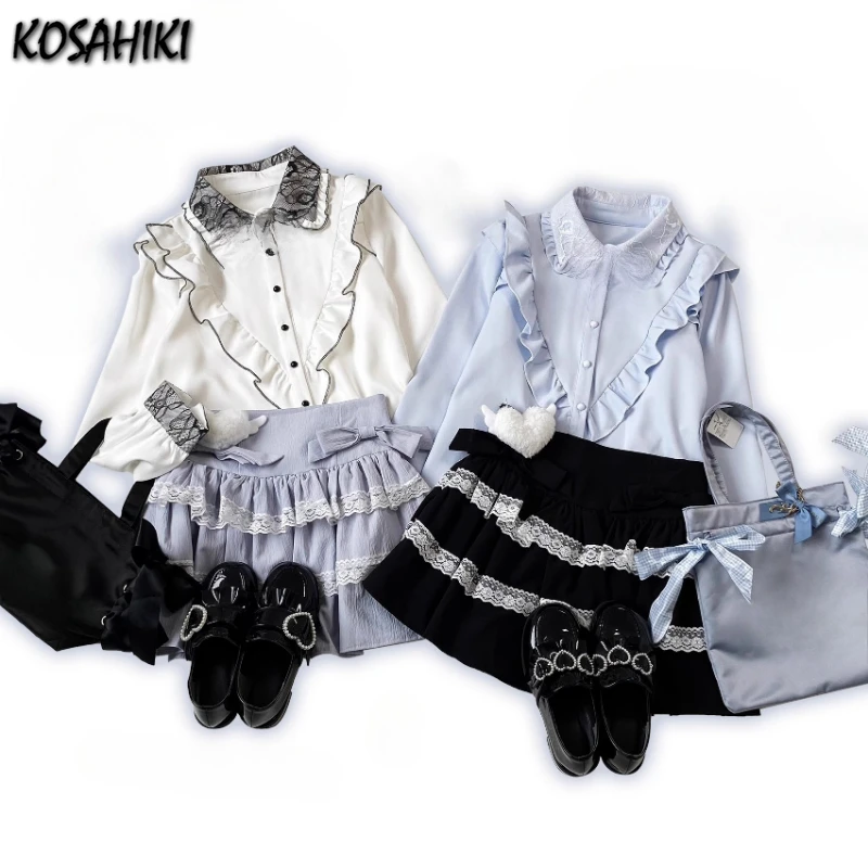 

Japanese Sweet Lolita Lace Patchwork Blouses Autumn Women Harajuku Ruffled Shirts Y2k Aesthetic JK Single Breasted Loose Tops