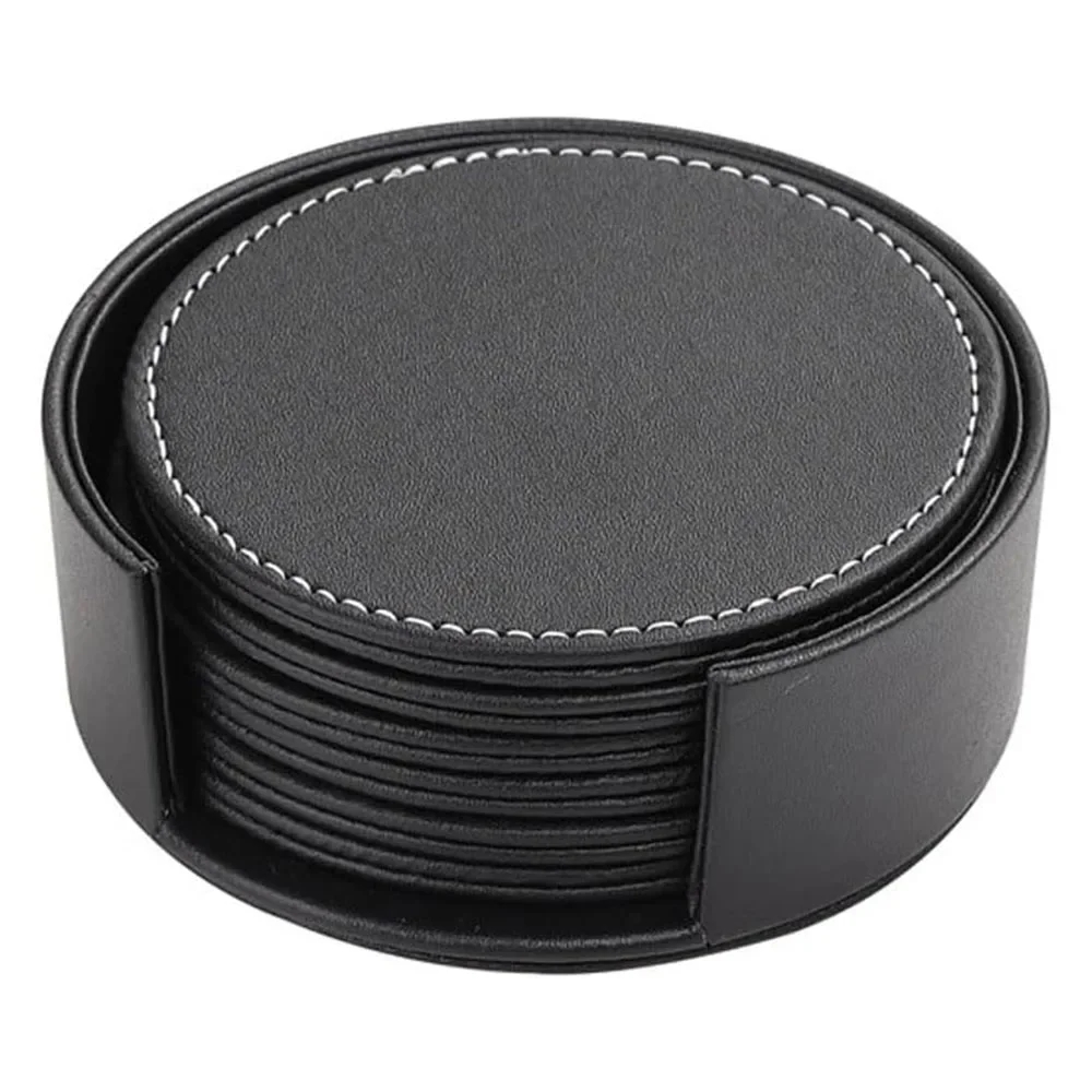 6Pcs Black & Coffee PU Leather Coasters with Holder – Tabletop Protection for Coffee Cups & Mugs Ideal for Bar, Kitchen & Dining