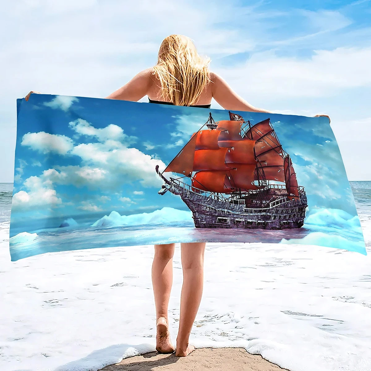 Pirate Ship Beach Towels 3D Sea Waves Women Men Adults Bath Pool Camping Travel Towels Home Soft Warm Bath Towel Chair Blanket