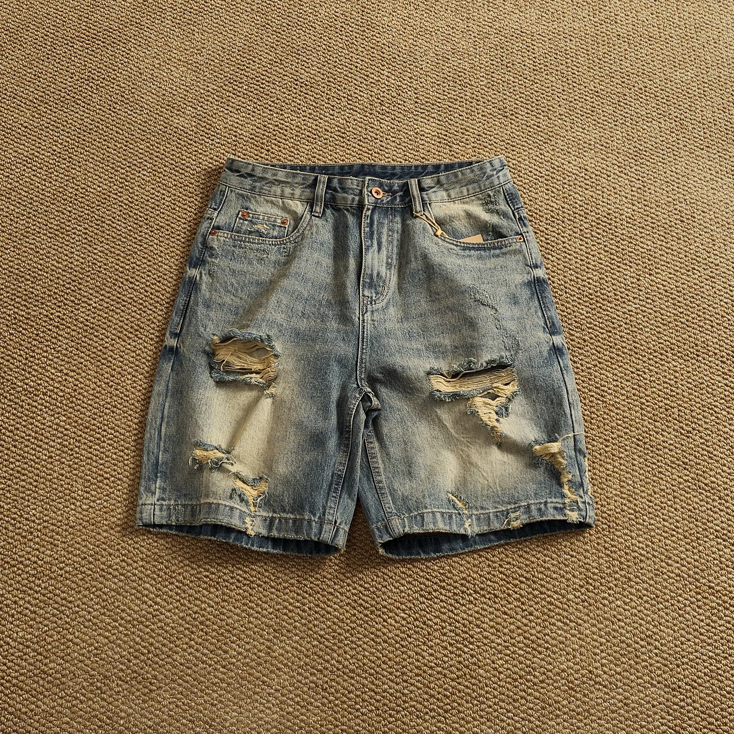 

American high street ripped denim shorts men's retro distressed loose straight summer versatile five-quarter pants